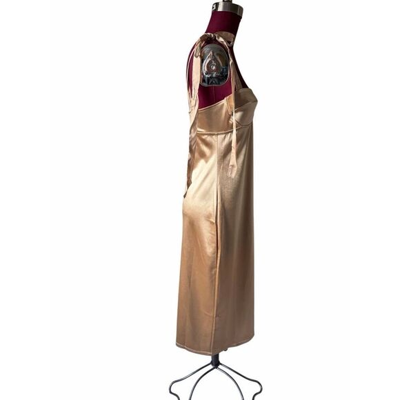 NEW Free People Casino Got Glam Tie Strap Satin Midi Latte Gold Sleeveless Dress - Picture 10 of 12